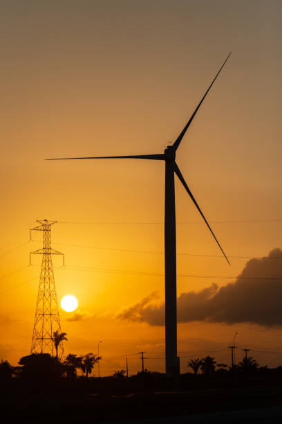 2014年1月19日、ブラジル・パライバ州ジョアンペソアで日没を背景に、風力発電タービンと送電塔。 - industrial equipment industry growth silhouette ストックフォトと画像