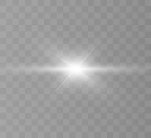 Vector illustration of White glowing light explodes on a transparent background. Bright Star. Transparent shining sun, bright flash. Vector graphics.