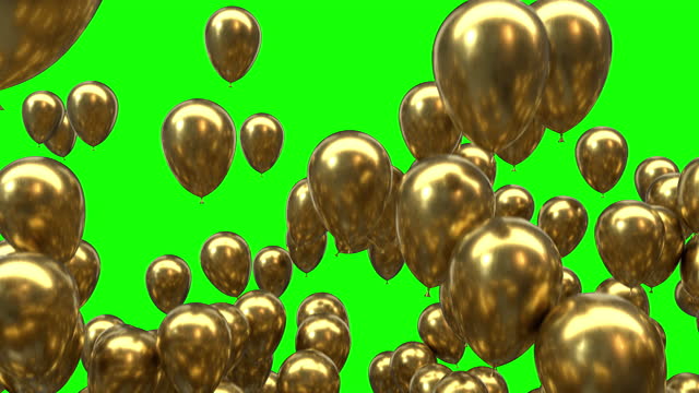 Flying Golden Helium Balloons from Bottom to Top and Disappear isolated on Green Screen Background 4K