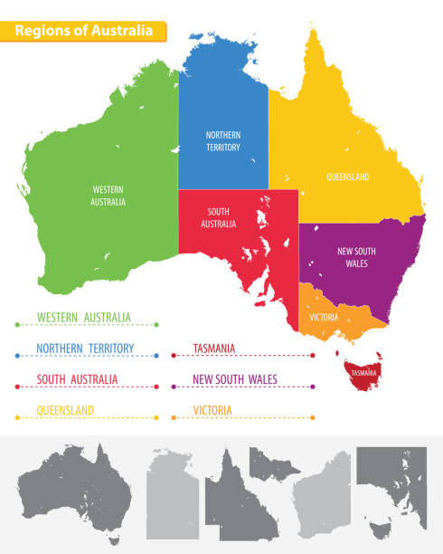 Color map of the regions of Australia Color map of the regions of Australia for your design australia cartography map queensland stock illustrations