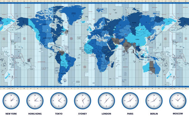 ilustraciones, imágenes clip art, dibujos animados e iconos de stock de mapa de las zonas horarias estándar del mundo en colores azules - mapa de husos horarios