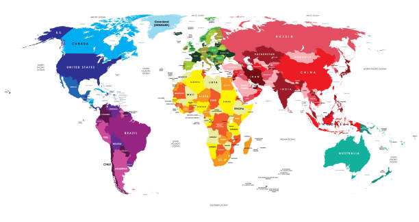 политическая карта мира с разными цветными континентами на изолированном белом фоне - national flag flag planet symbol stock illustrations
