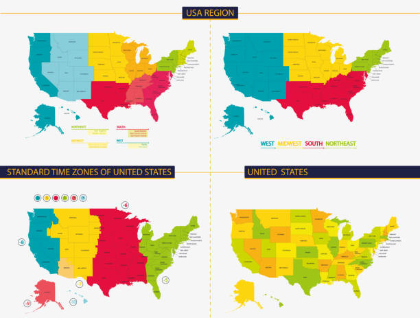 United states. Standard time zones of united states. USA region United states. Standard time zones of united states. USA region time zone stock illustrations