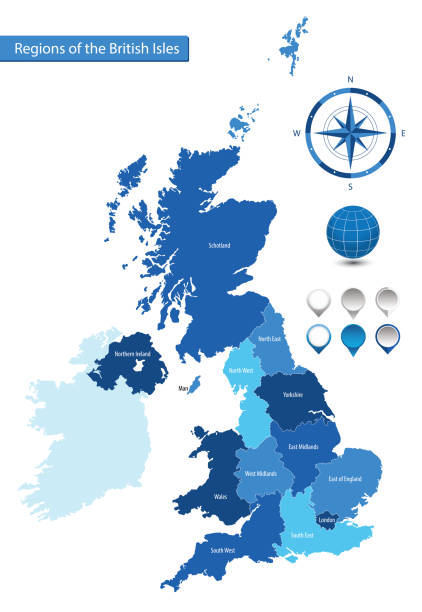 illustrazioni stock, clip art, cartoni animati e icone di tendenza di mappa vettoriale delle regioni delle isole britanniche - midlands