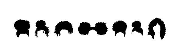 sammlung von silhoutes von afro-mädchen frisuren isoliert auf weißem hintergrund - afro stock-grafiken, -clipart, -cartoons und -symbole