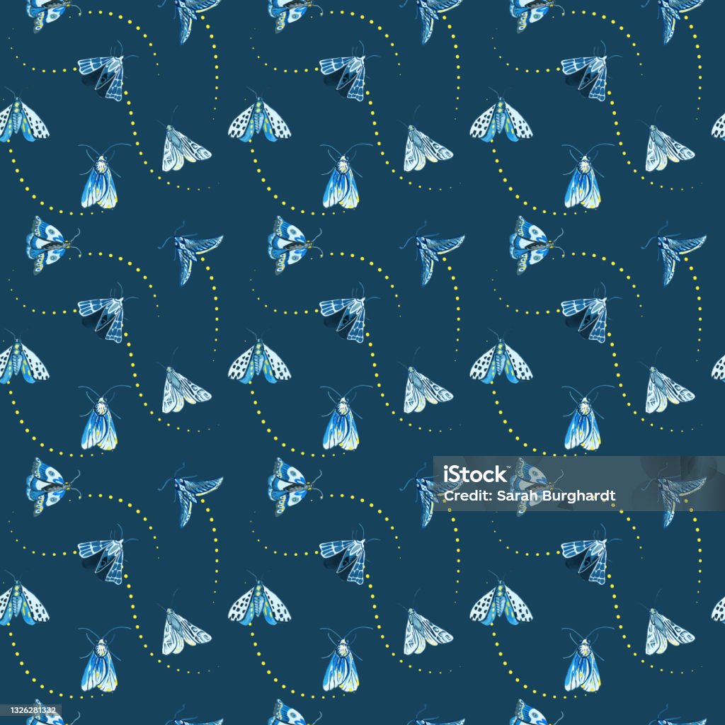 Moth Patterns Blue Seamless Gouache Moth Pattern Blue And Yellow Stock Illustration ...