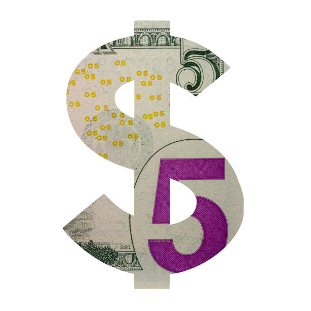US Dollar Sign Icon with Real 5 Reverse Dollars Banknote Texture Isolated on White Background