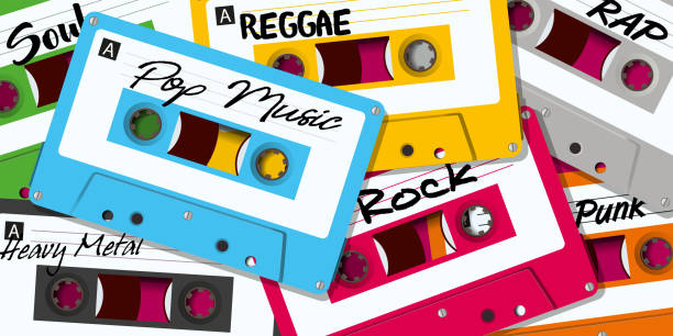 ilustrações, clipart, desenhos animados e ícones de diferentes estilos de música gravados em fitas de áudio coloridas. - personal cassette player