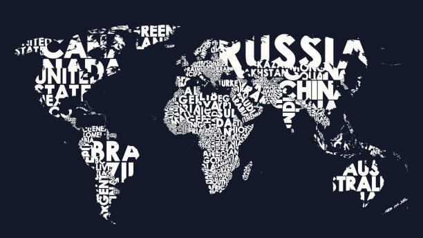 weltkarte textzusammensetzung von ländernamen, typografische schwarz-weiß-vektor-illustration - travel map famous place europe stock-grafiken, -clipart, -cartoons und -symbole