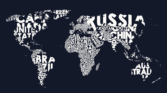 World map text composition of country names, typographical black and white vector illustration blank for design