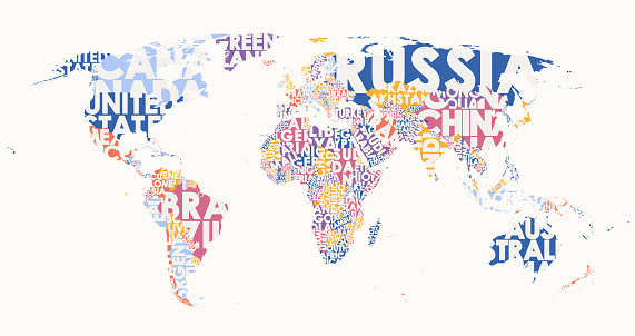 World map text composition, name of countries in color territories, Typographic vector illustration blank for design