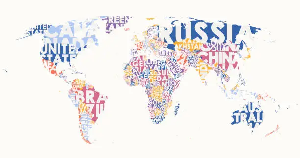 Vector illustration of World map text composition, name of countries in color territories, Typographic vector illustration