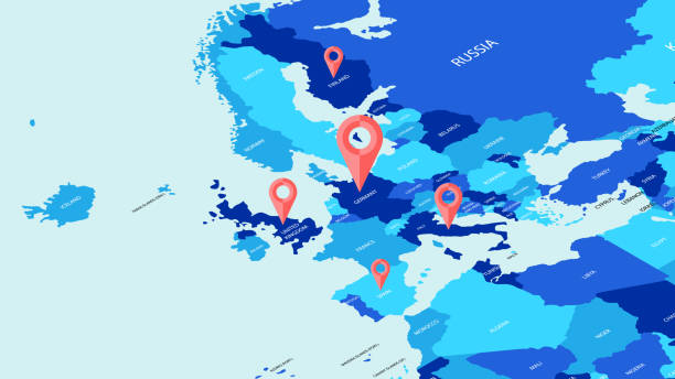 farbige politische karte von europa in isometry, mit touristischen tags - north holland stock-grafiken, -clipart, -cartoons und -symbole