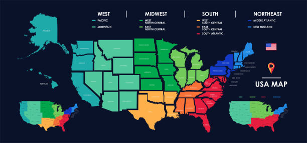 detaillierte karte der us-regionen, isolierte staaten mit namen, bunte infografiken der vereinigten staaten von amerika, vektor-illustration - süd kalifornien stock-grafiken, -clipart, -cartoons und -symbole