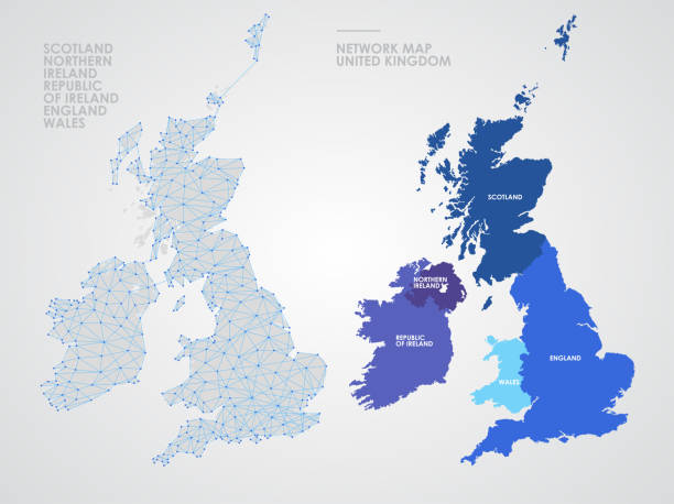 телекоммуникационная сеть британских островов, абстрактная карта соединенного королевства полигональная географическая карта, политиче� - national flag flag planet symbol stock illustrations