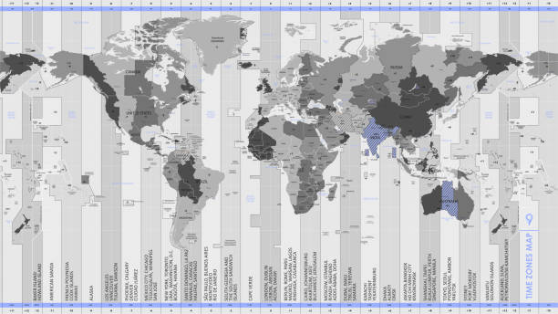 ilustraciones, imágenes clip art, dibujos animados e iconos de stock de zonas horarias estándar del mapamundi monocromo de alto detalle, con bordes y nombres de países, ilustración vectorial - mapa de husos horarios