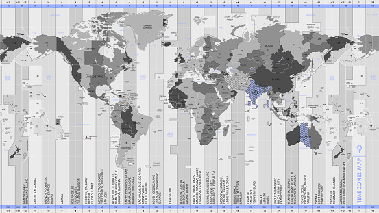 High detail monochrome  world map standard time zones, with borders and country names, vector illustration