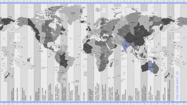 Vector illustration of High detail monochrome  world map standard time zones, with borders and country names, vector illustration