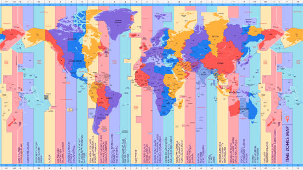 High detail world map of time zones, with big cities of the world, color vector illustration High detail world map of time zones, with big cities of the world, color vector illustration country geographic area stock illustrations