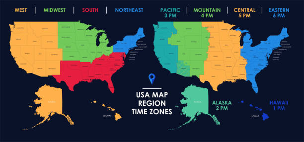 detailed map of us regions and time zones, colorful infographics of the united states of america, vector illustration - 時區 幅插畫檔、美工圖案、卡通及圖標