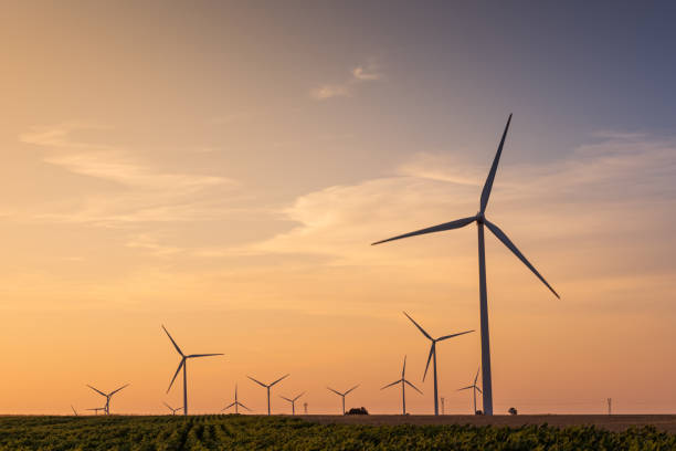 istock Wind turbines and field at sunrise Eco environment 1326285647