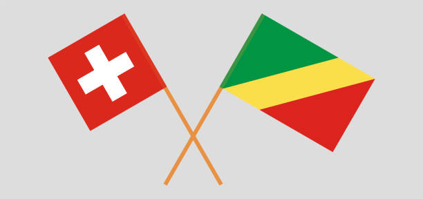 скрещенные флаги швейцарии и республики конго. оф�ициальные цвета. правильная пропорция - helvetic confederation stock illustrations