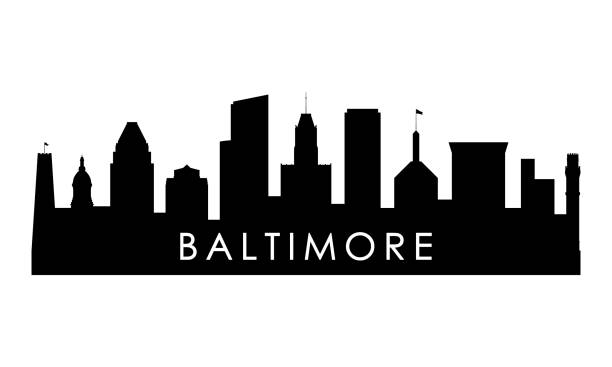 ilustrações, clipart, desenhos animados e ícones de silhueta do horizonte de baltimore. projeto negro da cidade de baltimore isolado em fundo branco. - baltimore