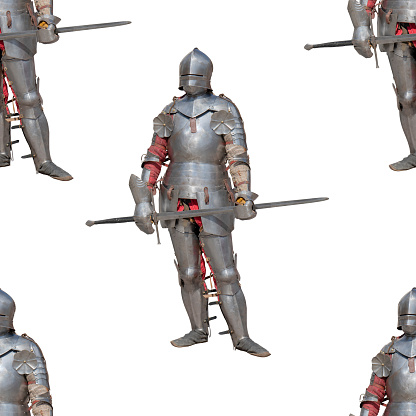 Knight in shiny metal armor on a white background. Seamless pattern.