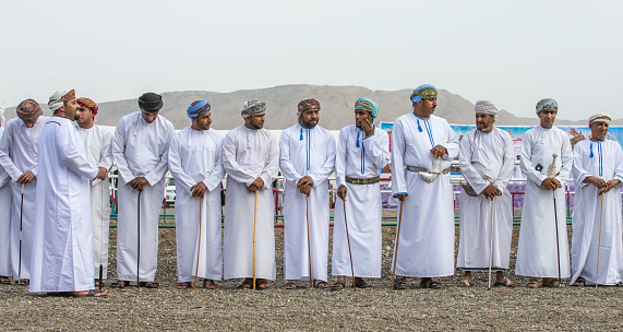 khadal, Oman,28th April 2018: omani men in traditional clothing, watchin a horse race