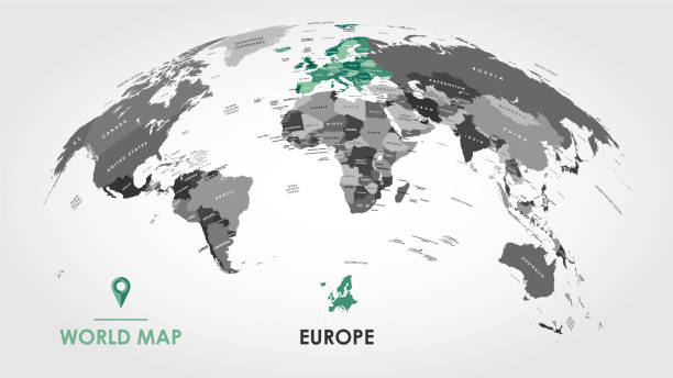 detaillierte weltkarte, mit grenzen und namen von ländern, meeren und ozeanen, kontinent europas in farben, vektor-illustration - europe map world map cartography stock-grafiken, -clipart, -cartoons und -symbole