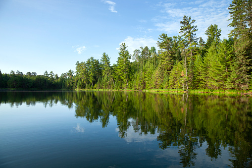 Beautiful small blue lake in northern Minnesota on a calm summer morning