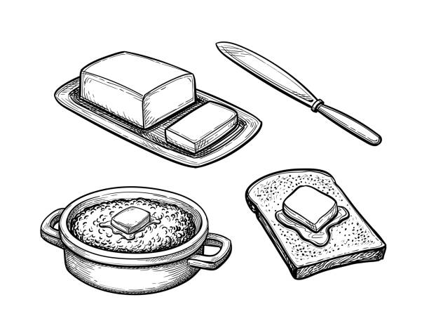 ilustrações de stock, clip art, desenhos animados e ícones de ink sketch of oatmeal and toast with butter. - torrada ilustrações
