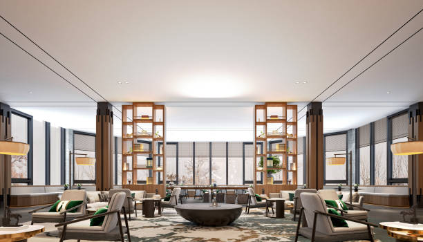 istock 3d render of wooden style lobby and reception 1326291893