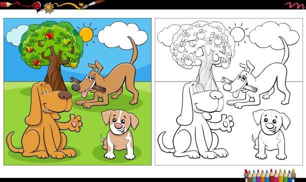 만화 개와 강아지 그룹 색칠 공부 책 페이지 - coloring dog pets puppy stock illustrations