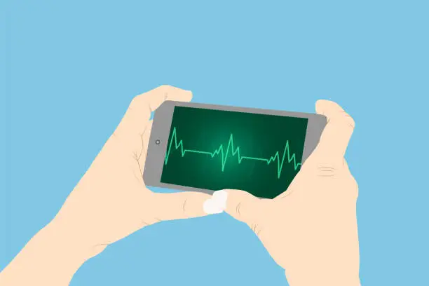 Vector illustration of Using a smartphone, Heartbeat diagram, heart rate chart, pulse vector stock illustration.