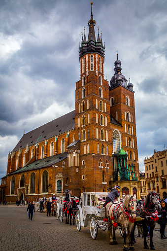 Tourist horse carriage in front of St. Mary's Basilica, Krakow, Poland.