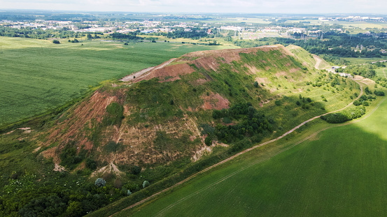 Household waste landfill. Closed for processing. Environment protection. Aerial photography.