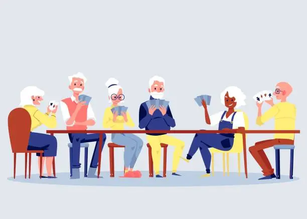 Vector illustration of Group of seniors at table playing cards, flat vector illustration isolated.