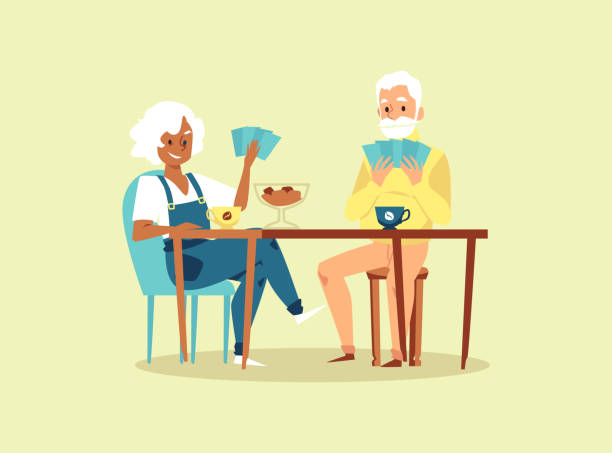 Elderly couple at table playing cards, flat vector illustration isolated. Elderly couple sitting at table playing cards, flat vector illustration isolated on background. Senior people retirement, leisure activity and communication. playing poker stock illustrations