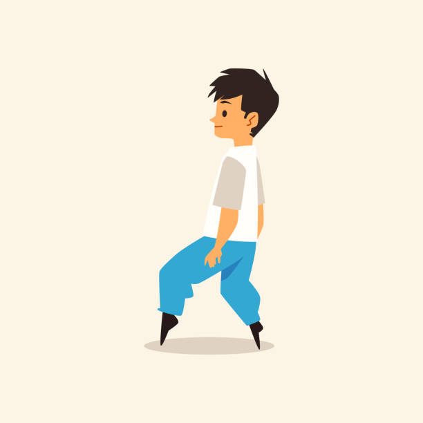 One of early signs or symptoms of autism syndrome - tiptoeing. One of early signs or symptoms of autism syndrome - tiptoeing. Kid boy with illness autistic disorder walking on tiptoe. Flat cartoon vector illustration isolated on white. tiptoe stock illustrations