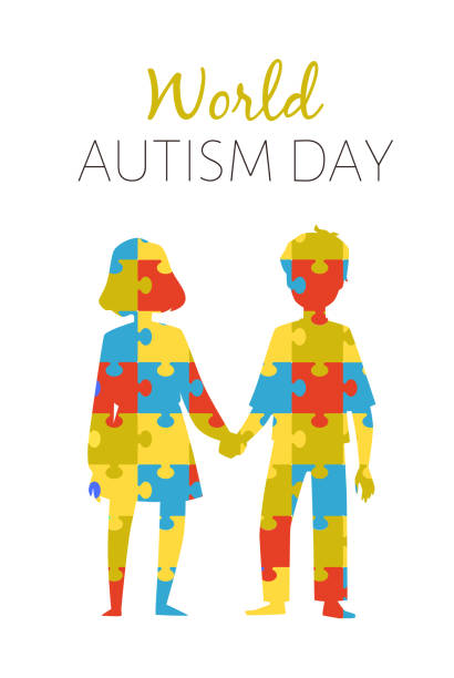bildbanksillustrationer, clip art samt tecknat material och ikoner med world autism day banner with kids silhouettes, flat vector illustration. - disabled teen boy school