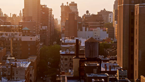 istock Aerial View Down E 12th St in Manhattan at Sunset 1326302191