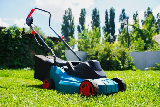 Lawnmower electric machine trimming green grass. Lawn cutting. High quality photo