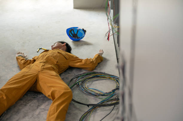 istock Electrician worker accident electric shock unconscious in site work. First aid technician worker accident electric shock unconscious. 1326304238