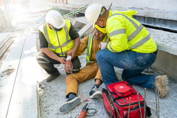 First aid support employee accident in site work, Builder accident injury hand from working, Safety team help employee accident. First aid procedure. stock photo