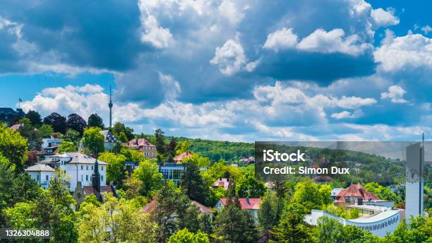 Germany Stuttgart City Houses Church And Television Tower Forming The Skyline Of This Magical City Inside Green Nature Landscape On Sunny Day Stock Photo - Download Image Now