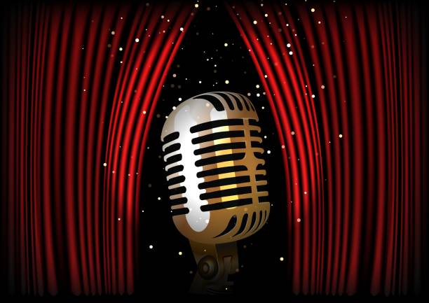 istock illustration of Vintage Microphone against curtain backdrop 1326305051