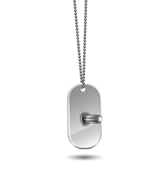 Vector illustration of Metal tag with a bullet hanging on a chain isolated on white background. The bullet hit the tag.