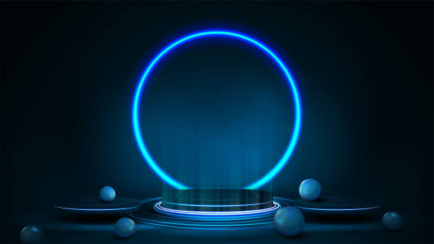 ilustrações de stock, clip art, desenhos animados e ícones de empty blue podium for product presentation in form of winner pedestal with blue neon ring - premiere