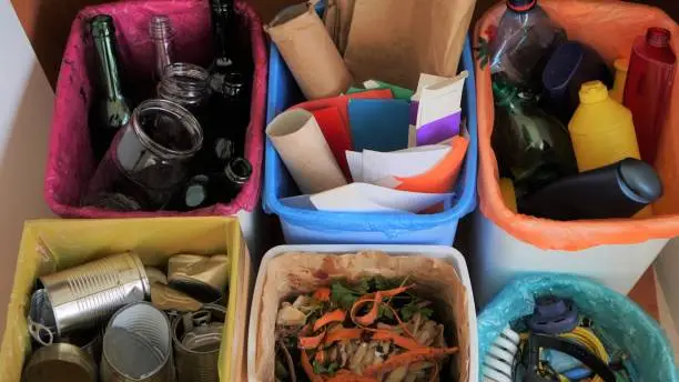 Photo of Household bins for waste sorting in the kitchen. Multicoloured Bins. Recycle. Plastic, paper packaging, coloured or clear glass, tin cans, bio waste, electronic equipment